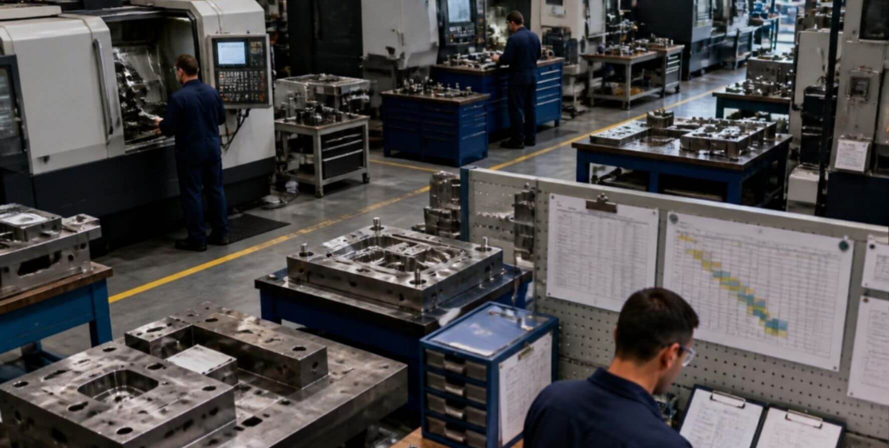 Quadro de programação da produção em fábrica com centros de usinagem e moldes