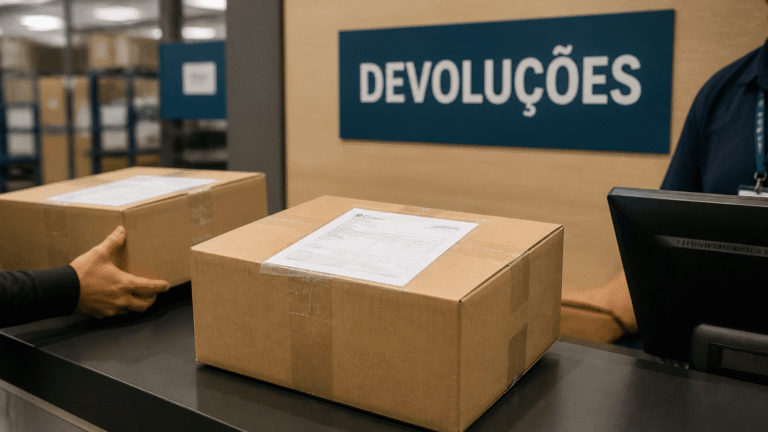 Caixas de papelão com nota fiscal colada sendo entregues no balcão de devoluções