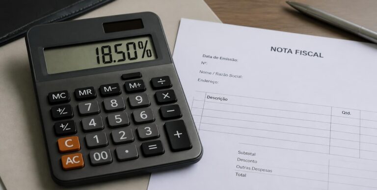 Calculadora com um percentual no visor ao lado de uma nota fiscal com a linha de tributos grifada