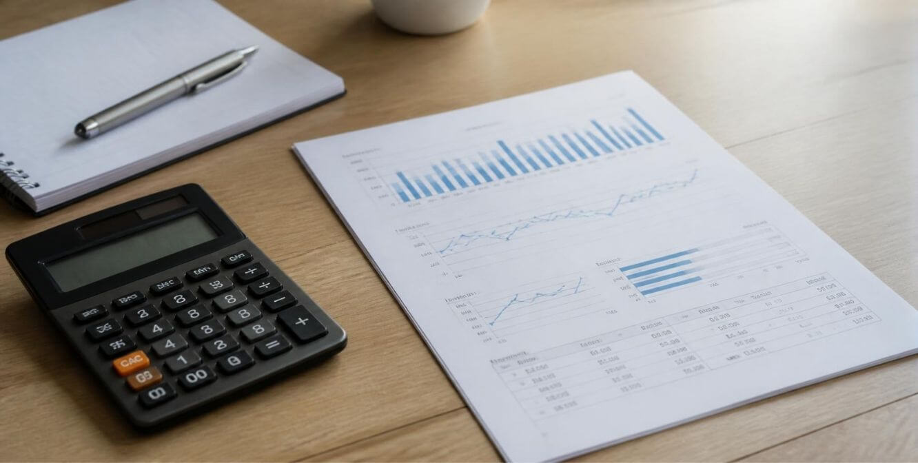 Calculadora e relatório de vendas com gráficos sobre a mesa