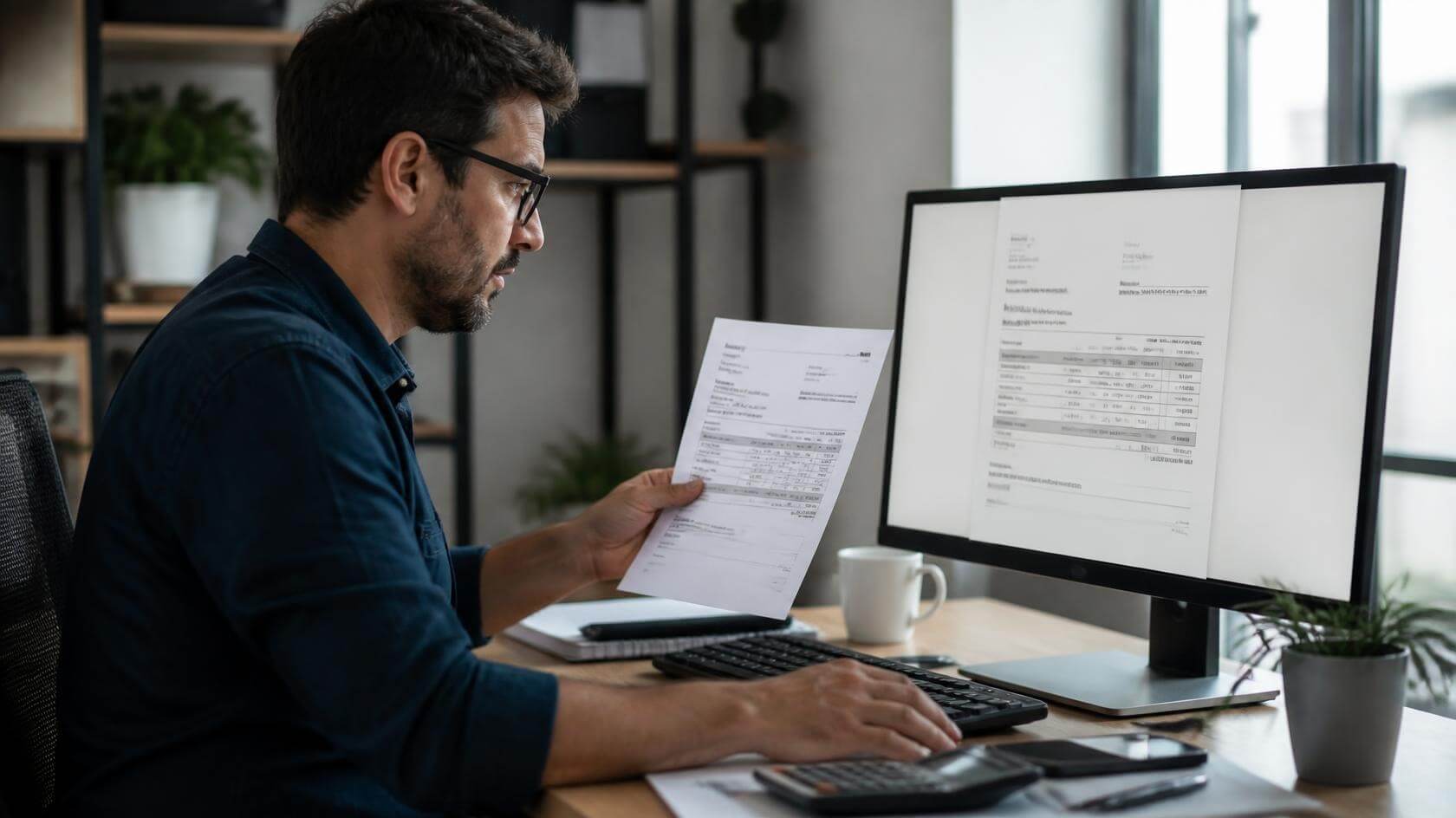 Homem conferindo uma nota fiscal impressa com a nota aberta na tela do computador