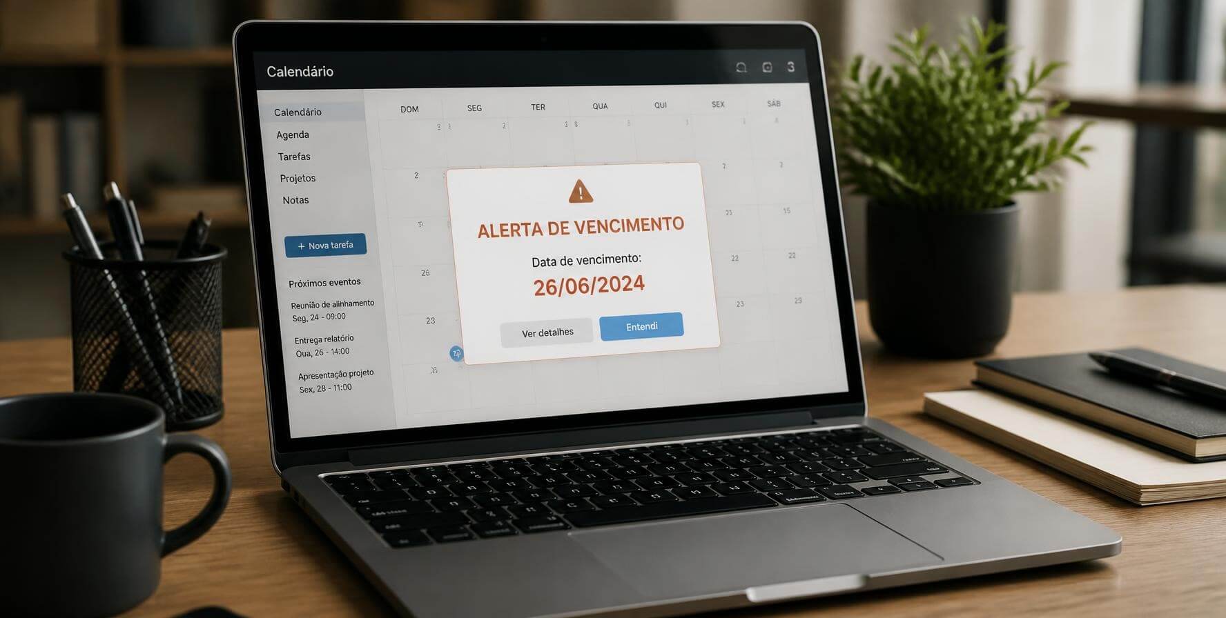 Notebook com alerta de vencimento na tela do calendário