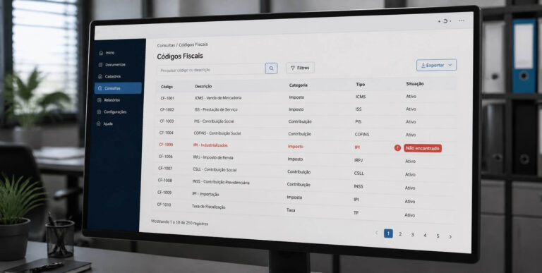 Monitor com uma tabela de códigos fiscais em que um código aparece em vermelho como não encontrado
