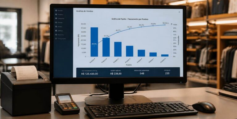 Computador no caixa da loja mostrando gráfico de Pareto do faturamento por produto