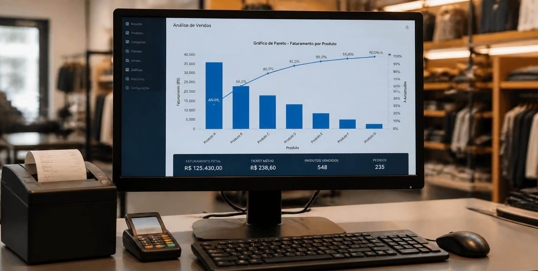Computador no caixa da loja mostrando gráfico de Pareto do faturamento por produto