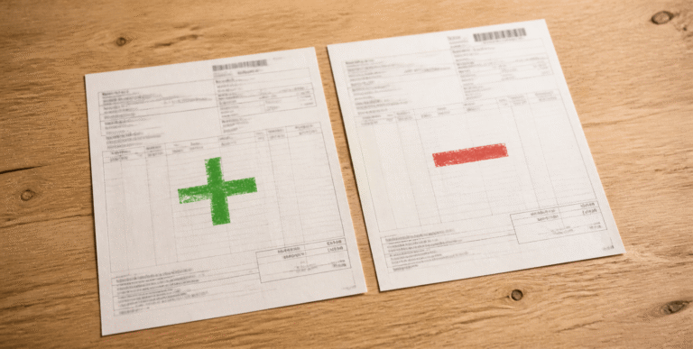 Duas notas fiscais lado a lado sobre uma mesa de madeira, uma com sinal de mais verde e outra com sinal de menos vermelho