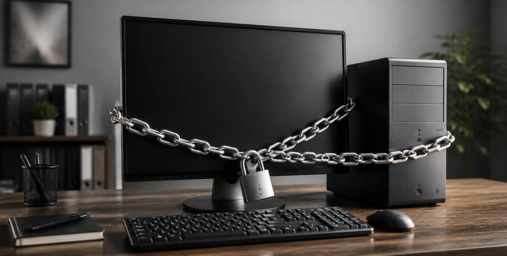 Computador acorrentado com cadeado sobre a mesa do escritório