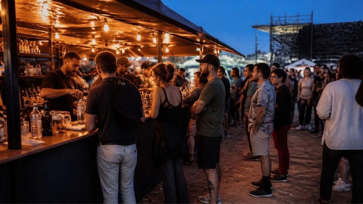 Fila de clientes no bar de um festival à noite