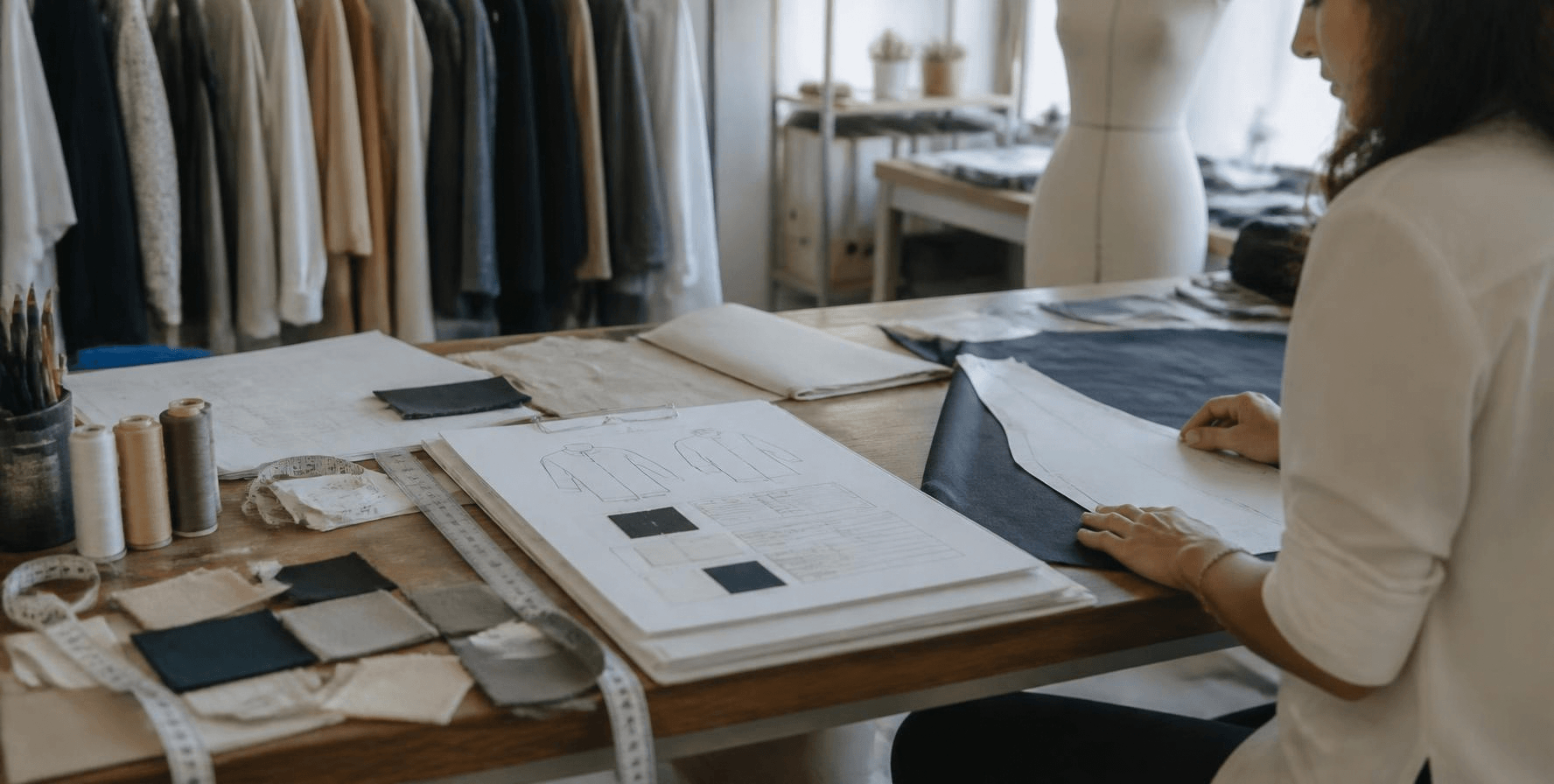 Ficha técnica de peça com desenho técnico, amostras de tecido e molde sobre a mesa