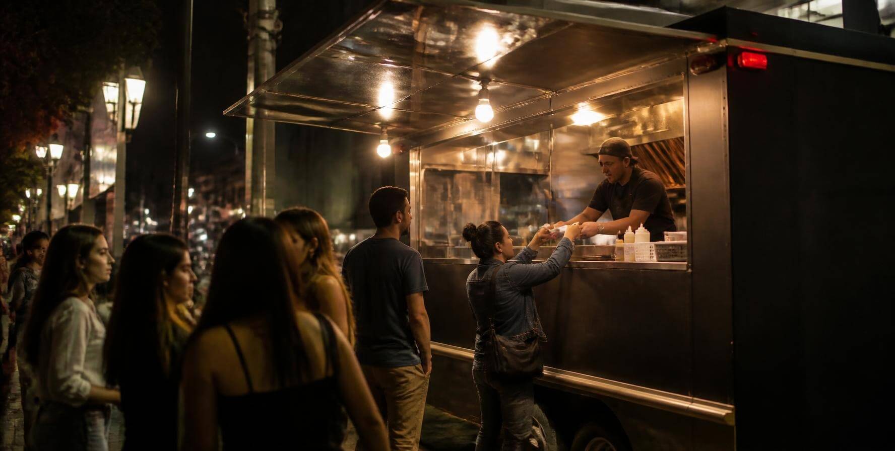 Fila de clientes em um food truck à noite