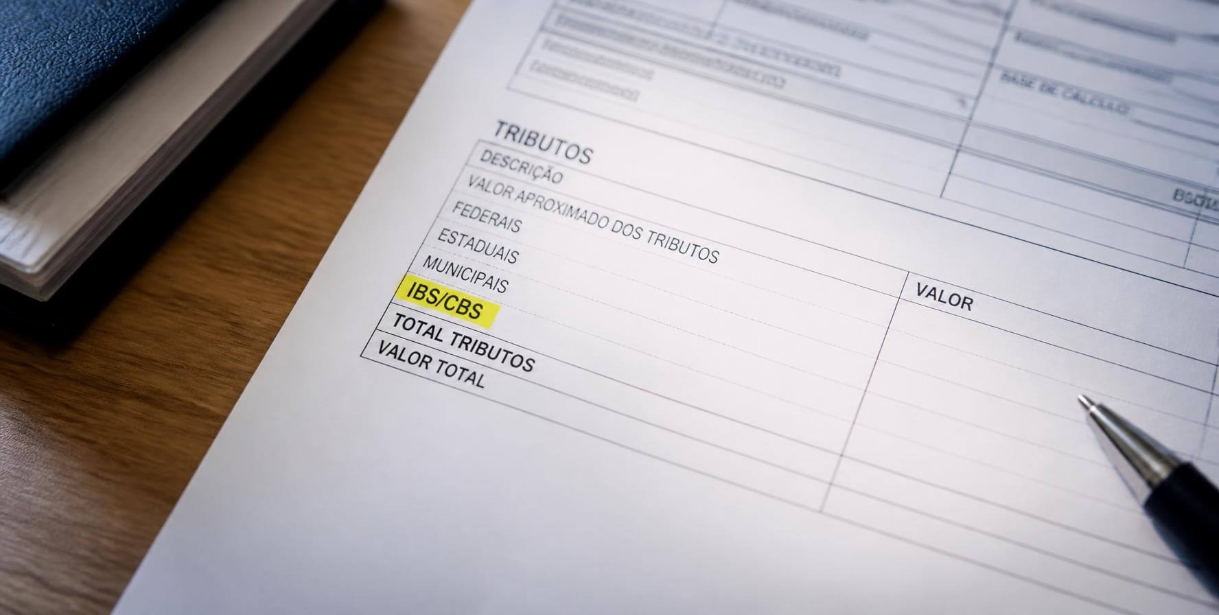 Documento fiscal impresso com o campo IBS/CBS destacado em amarelo no quadro de tributos, ao lado de uma caneta
