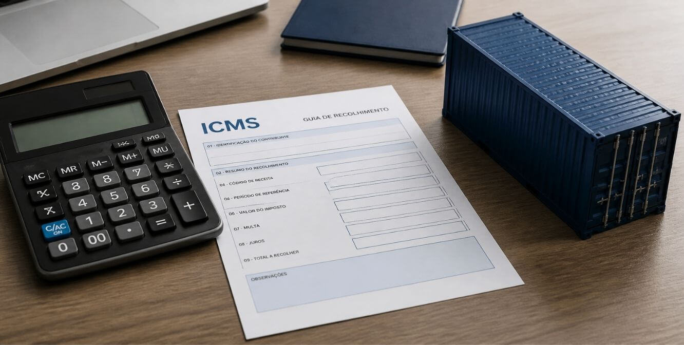 Calculadora ao lado de uma guia de recolhimento de ICMS e de um contêiner azul em miniatura sobre a mesa