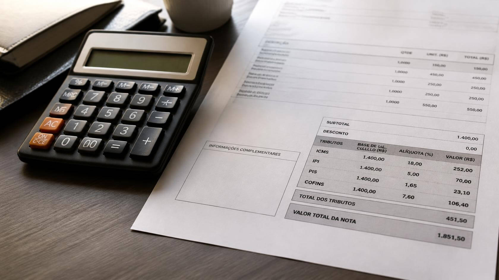 Calculadora ao lado de uma nota fiscal com o quadro de tributos ICMS, IPI, PIS e Cofins