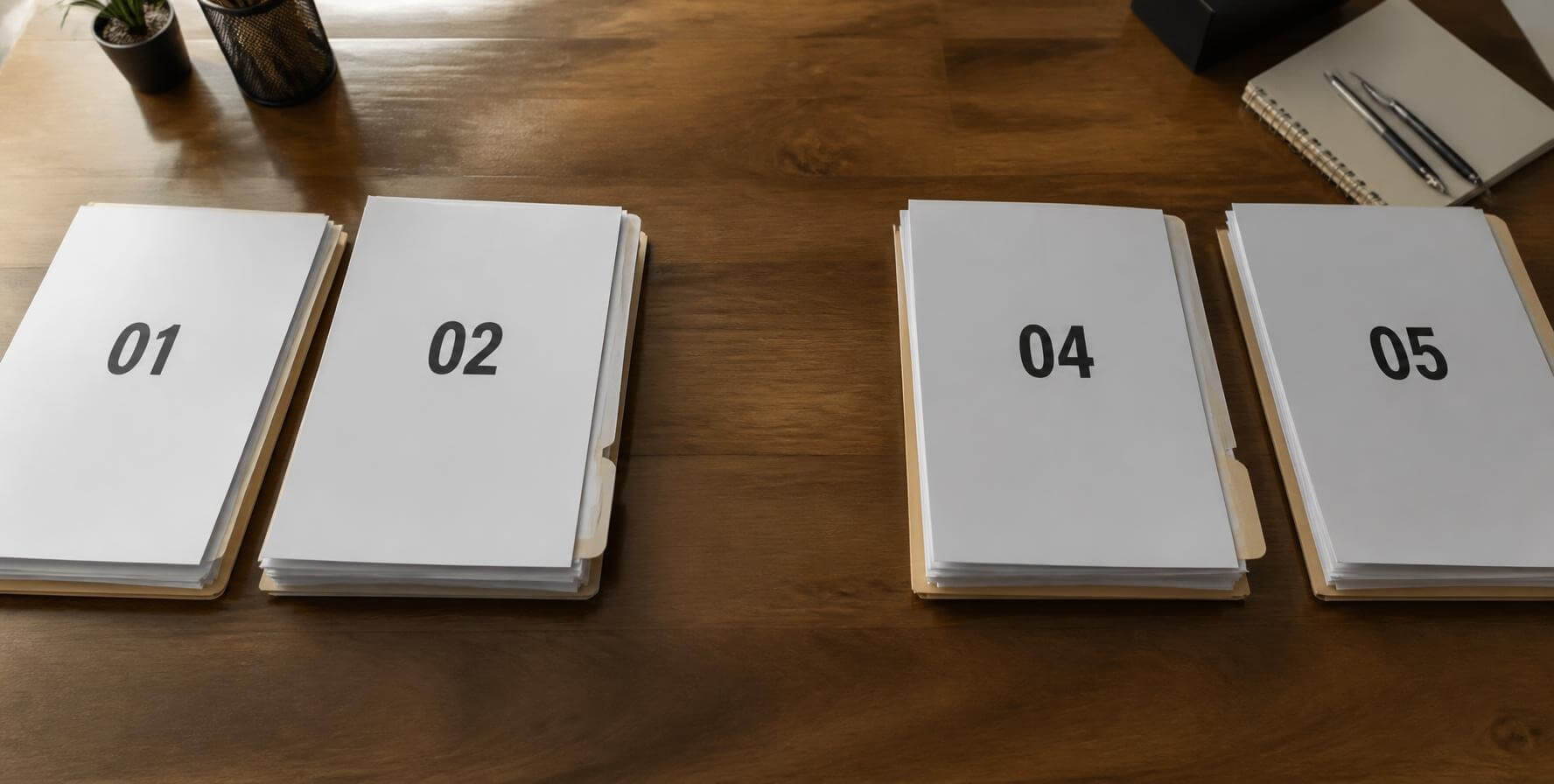 Pastas numeradas 01, 02, 04 e 05 sobre a mesa, com o número 03 faltando na sequência