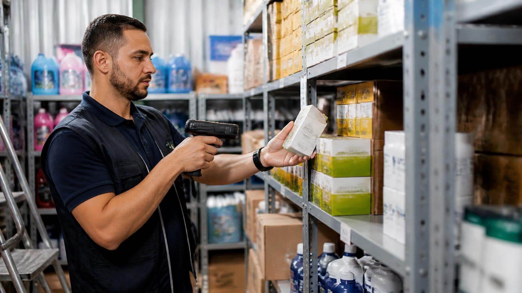 Funcionário fazendo a contagem do estoque com leitor de código de barras na prateleira do depósito