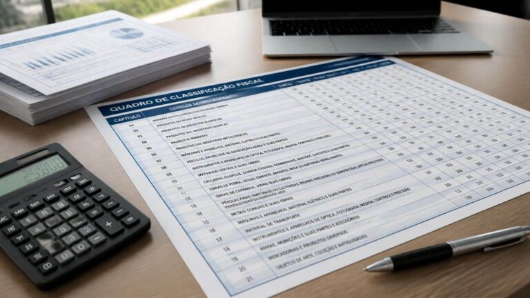 Quadro de classificação fiscal impresso sobre a mesa, ao lado de calculadora, caneta e notebook