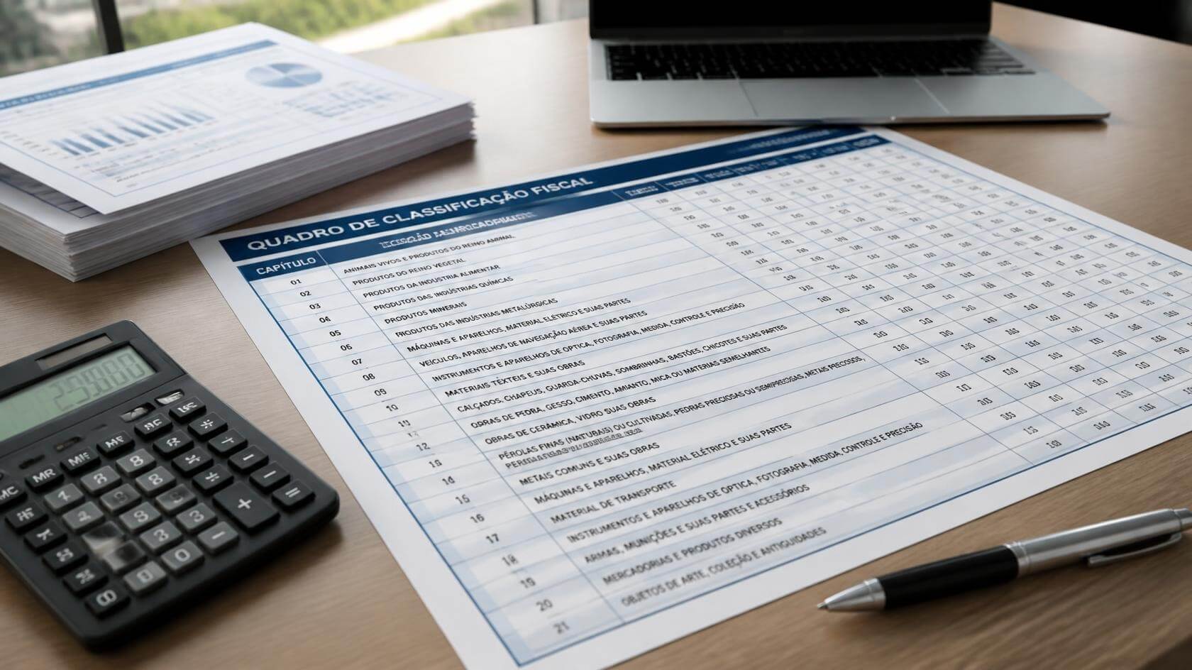 Quadro de classificação fiscal impresso sobre a mesa, ao lado de calculadora, caneta e notebook
