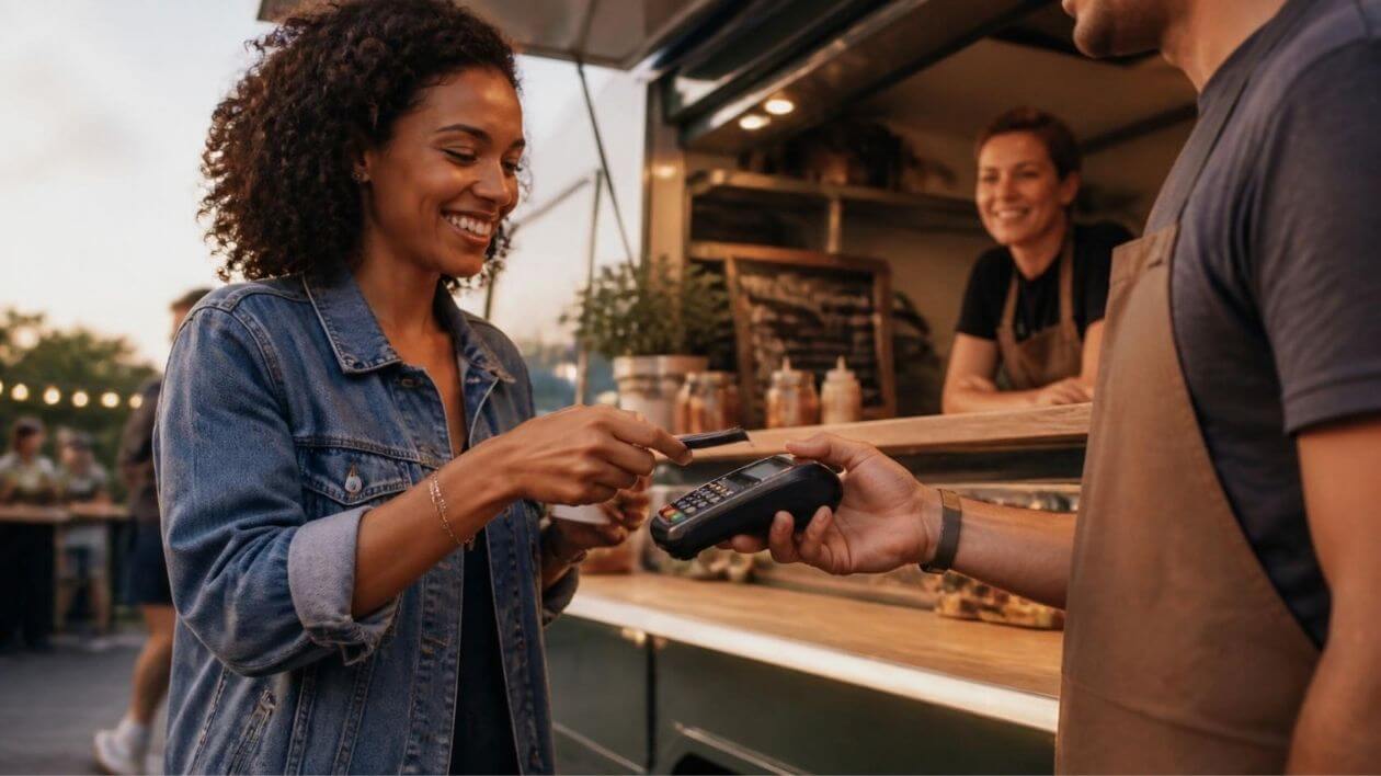 Cliente pagando com cartão na maquininha em um food truck