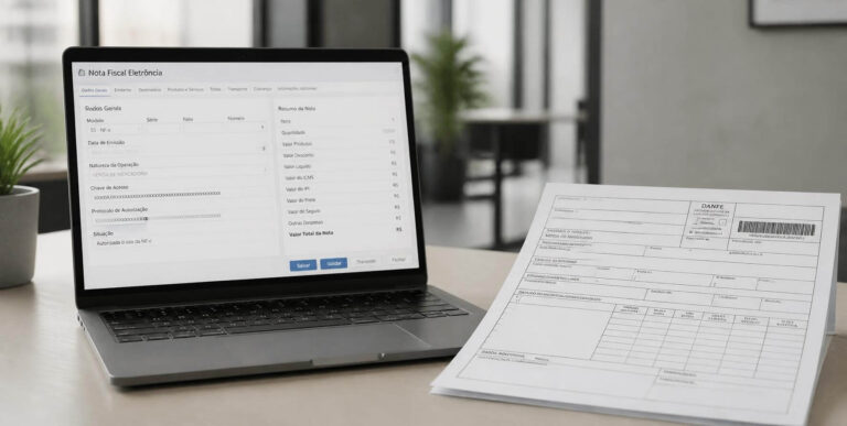 Notebook com a tela de emissão de nota fiscal eletrônica ao lado de um DANFE impresso