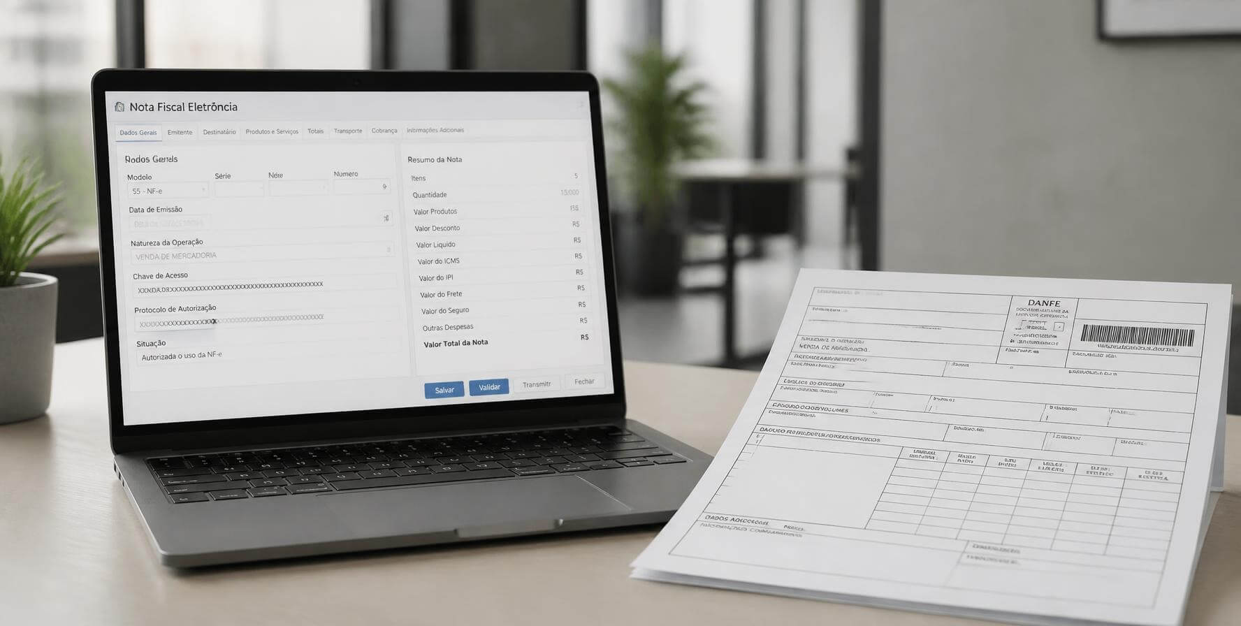 Notebook com a tela de emissão de nota fiscal eletrônica ao lado de um DANFE impresso