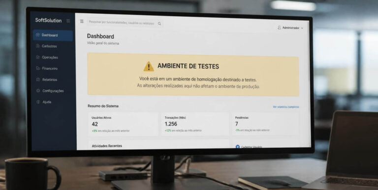 Monitor com sistema de gestão exibindo o aviso de ambiente de testes de homologação