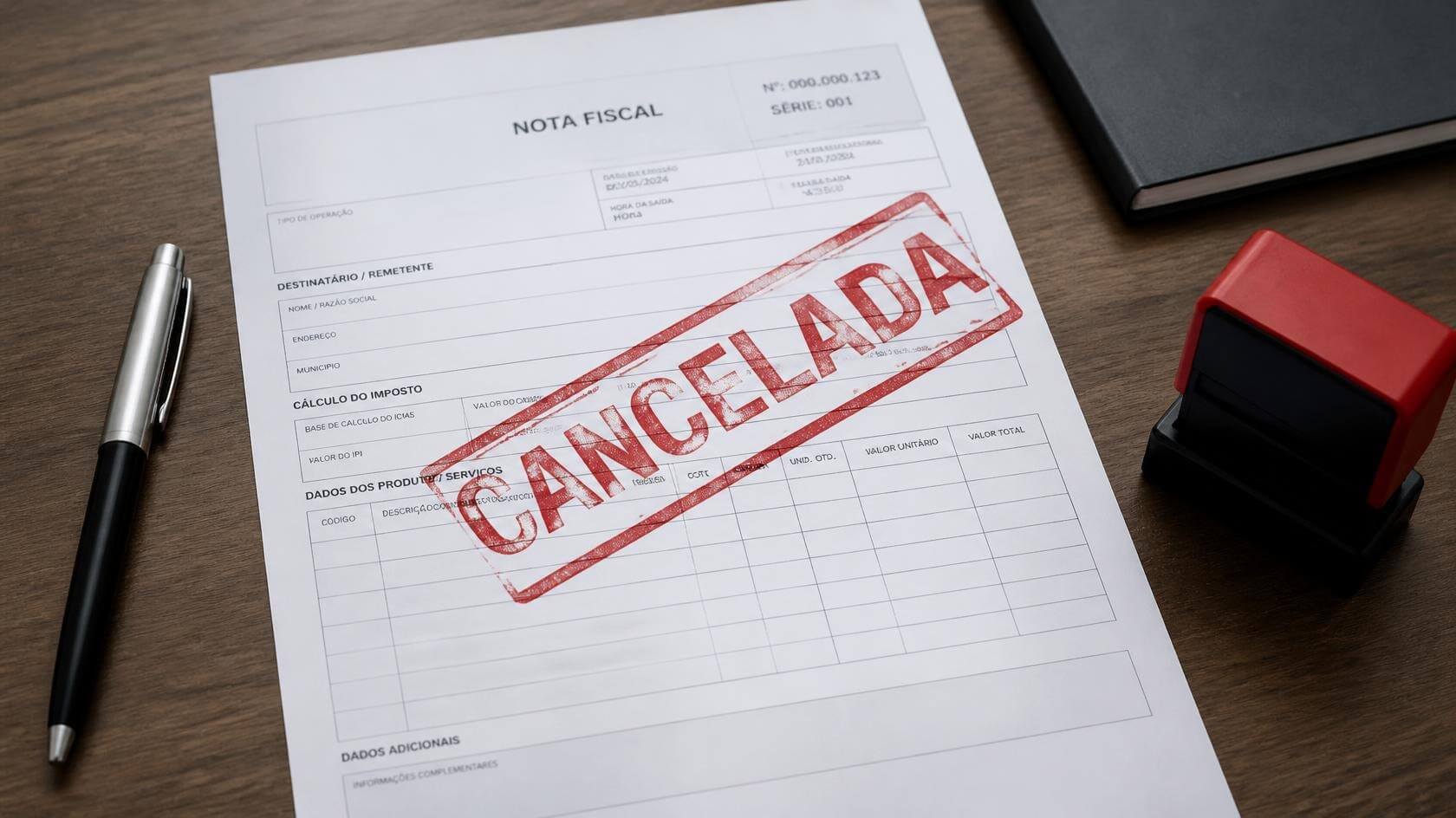 Nota fiscal impressa com carimbo vermelho de cancelada ao lado do carimbo e de uma caneta