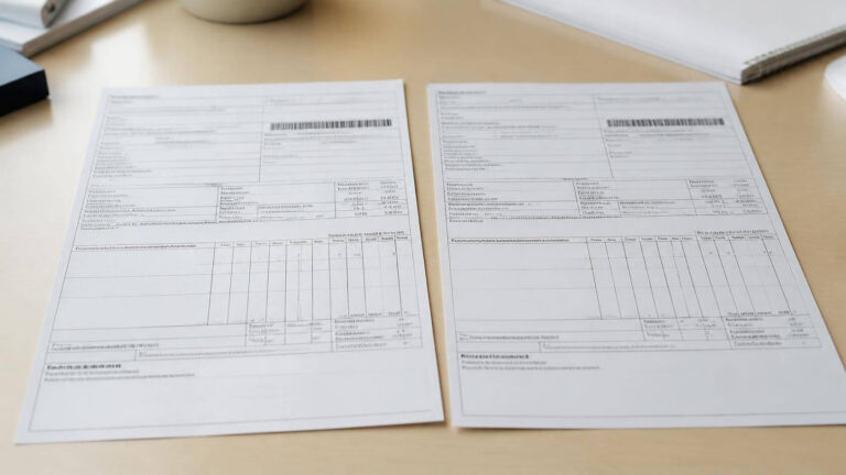 Duas notas fiscais impressas lado a lado sobre a mesa: a original e a complementar