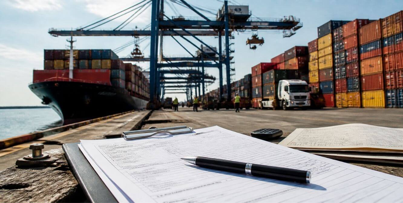 Prancheta com documentos de importação e caneta no cais de um porto, com navio porta-contêineres, guindastes e caminhão ao fundo