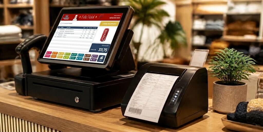 Frente de caixa com tela de PDV, gaveta e impressora térmica imprimindo o DANFE NFC-e no balcão da loja