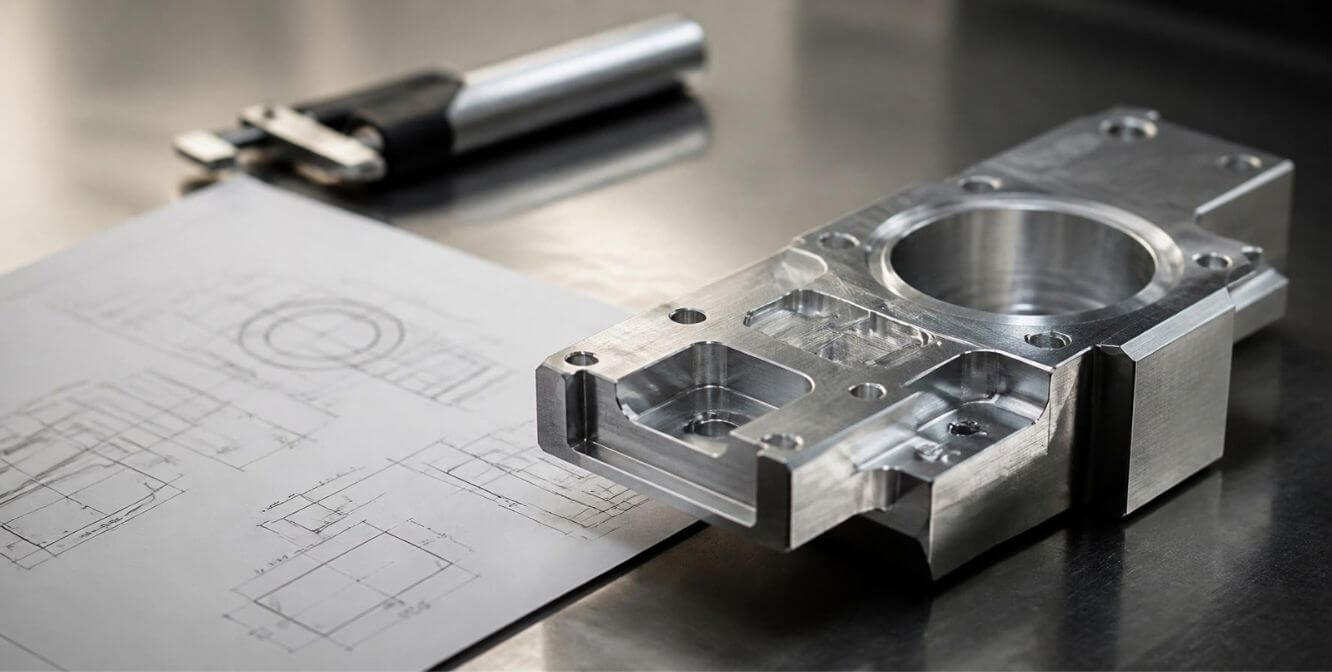 Peça usinada em metal ao lado do desenho técnico