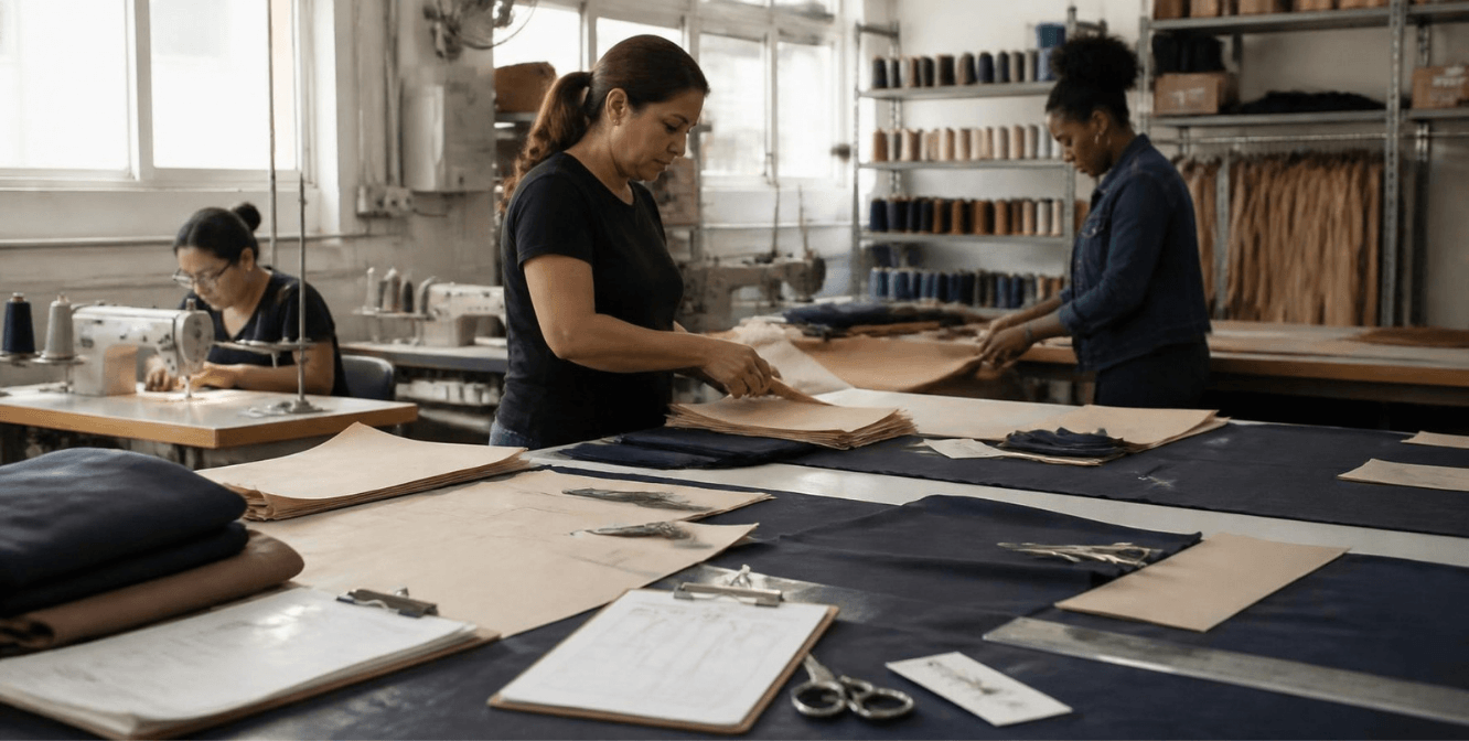 Equipe de confecção separando moldes e peças cortadas na mesa de corte