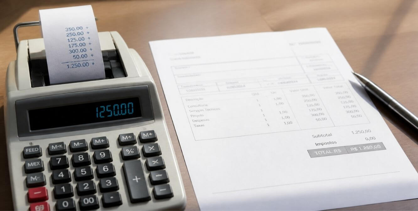Calculadora de fita com a soma de 1.250,00 impressa ao lado de uma nota fiscal com o total destacado