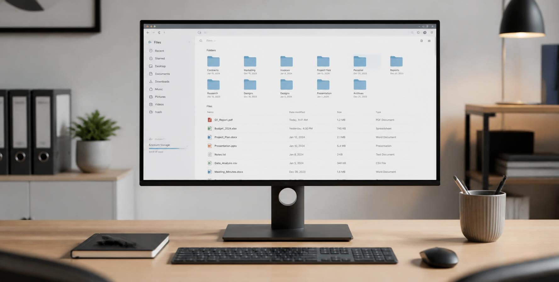 Monitor com pastas e arquivos digitais organizados em uma mesa de escritório